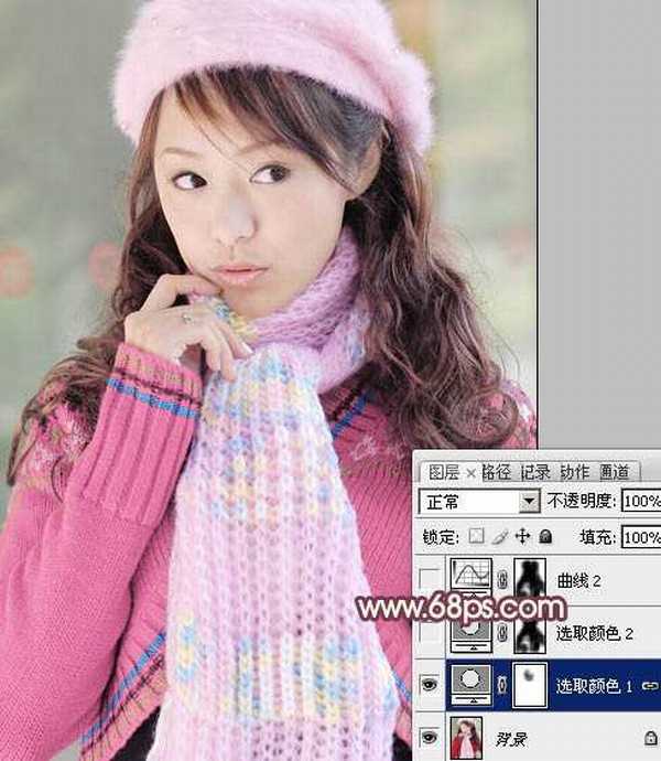 Photoshop将冬季美女图片加上淡紫蜜糖色效果