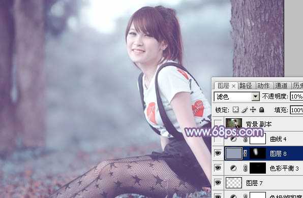 photoshop利用通道替换为树林美女增加柔美的淡调蓝紫色