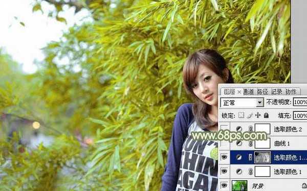 Photoshop为竹林边的美女加上甜美的淡调黄绿色