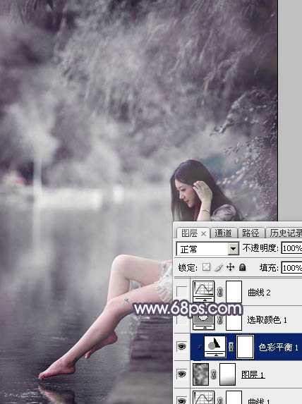 Photoshop将湖景美女图片打造出个性的中性暗蓝色