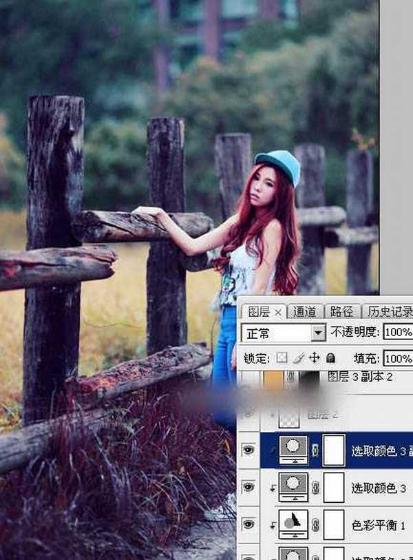 Photoshop为木桩边的美女人物加上高对比蓝黄色效果教程