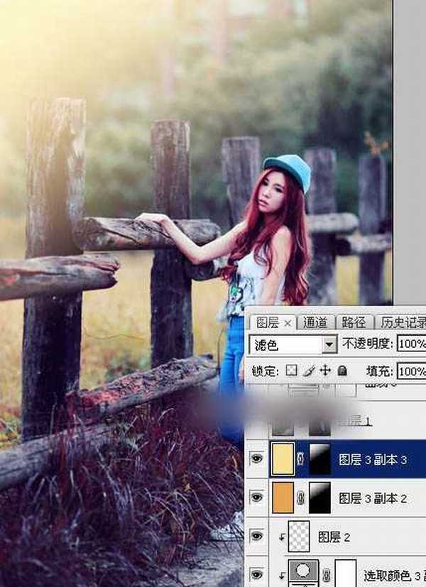 Photoshop为木桩边的美女人物加上高对比蓝黄色效果教程